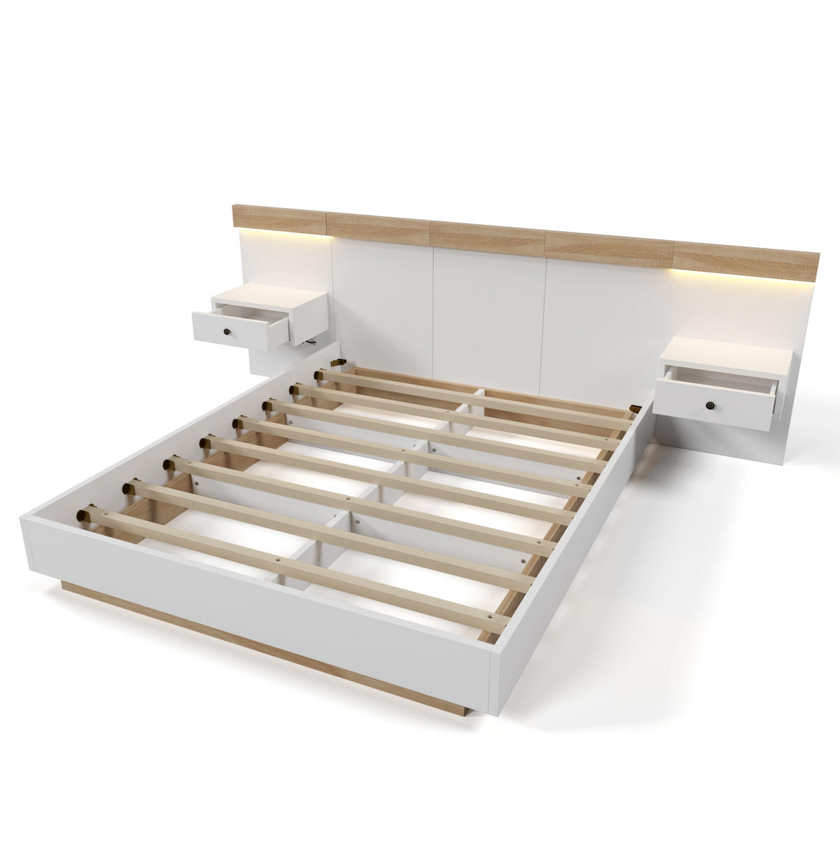 DOPPELBETT 180/200 cm mit 2 LED-Nachtkommoden, USB/Typ-C und EU-Steckdose, bett in Schwebeoptik, Weiß/Sonoma-Eiche - Weiß, Holzwerkstoff (180/200cm) - Redom