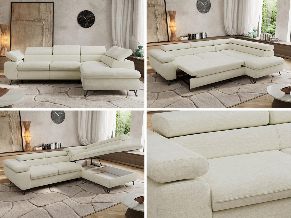 ECKSOFA PABLO L Creme Schenille glatt - Rechts Seite - Creme/Schwarz, Textil/Metall (273/208cm) - MKS