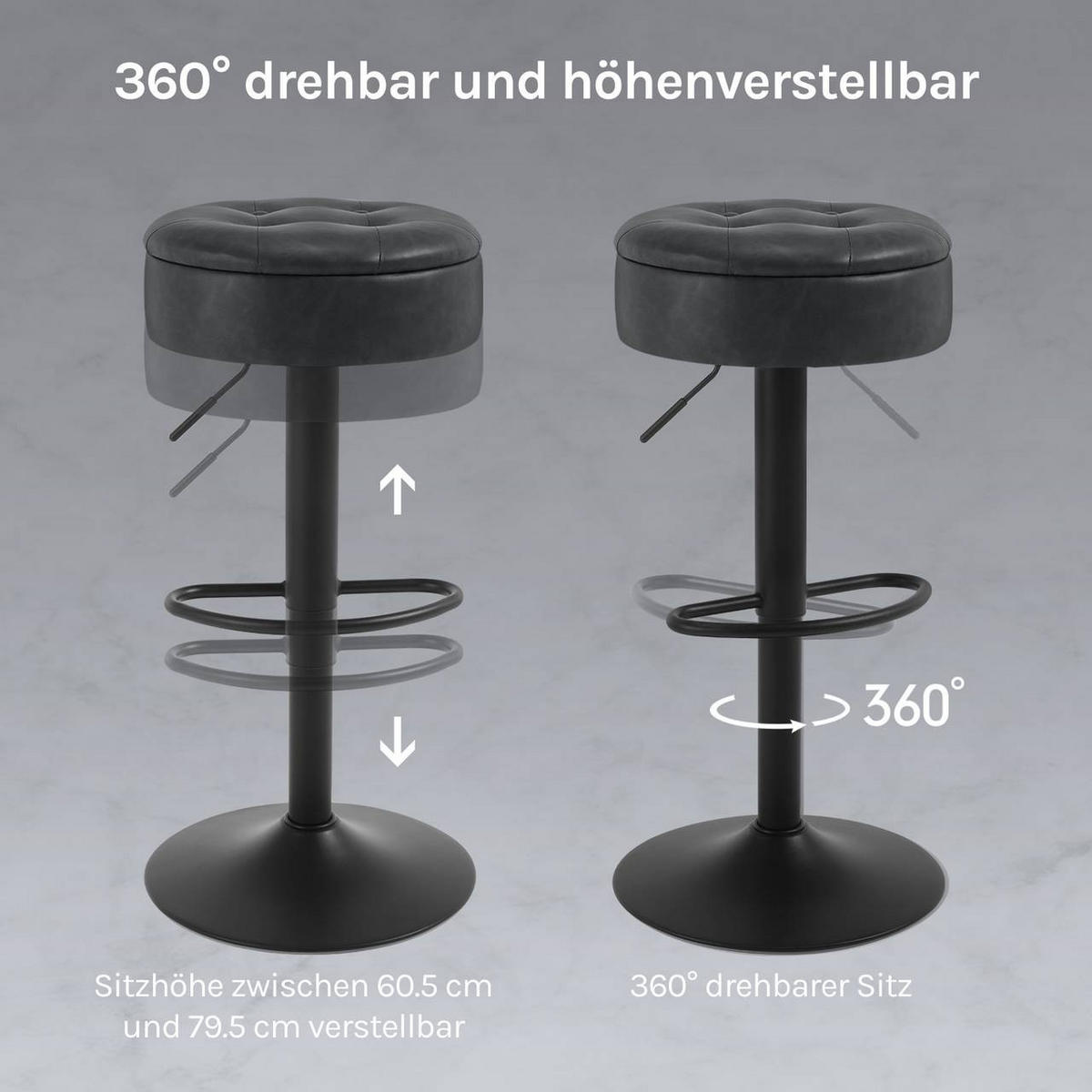 BARHOCKER mit Stauraum, drehbar, Kunstleder, Anthrazit - Anthrazit/Schwarz, Kunststoff/Metall (39/60.5/39cm) - Woltu
