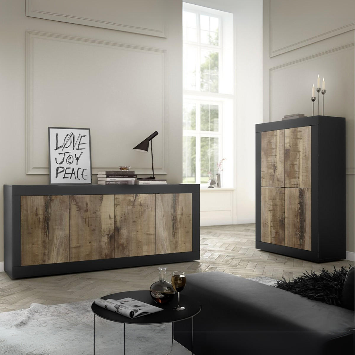SIDEBOARD 4 Türen Initial - L207 cm - Schwarz, Holzwerkstoff (43/86/207cm) - Calicosy