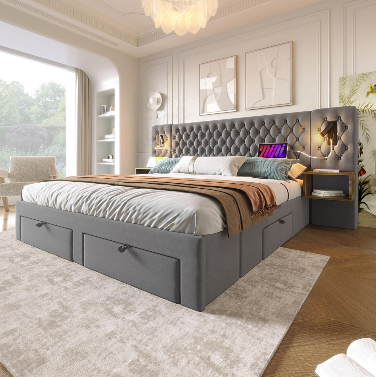POLSTERBETT 180/200 cm mit 4 Schubladen, 2 Nachttischen, LED-Leselicht & USB/Type-C, Grau Samt - Grau, Textil (180/200cm) - Redom