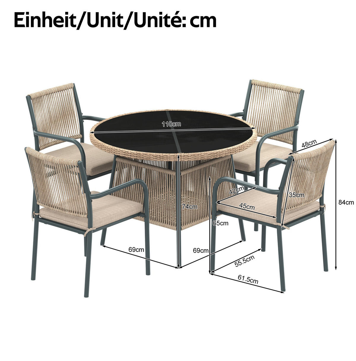 GARTENSETS aus Eisen, Polyester & Sicherheitsglas 110x110x74 cm in Beige - Beige, Metall - Modfu
