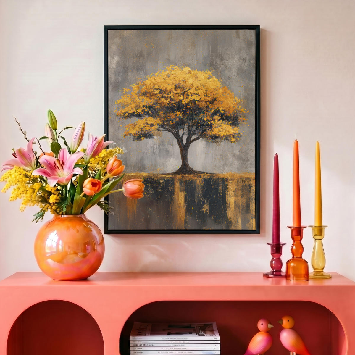 LEINWAND Bilder mit Rahmen - Baum - Blätter - Gold - Abstrakt - 30x40 - Grau, Textil (30/40cm) - MuchoWow