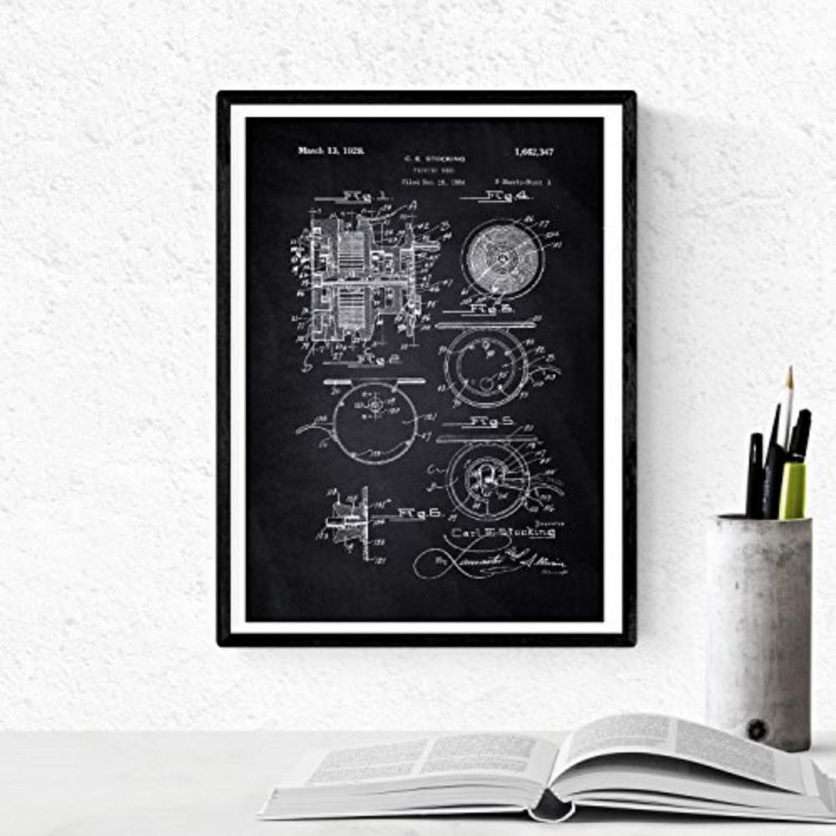 POSTER Set mit 4 Schwarz PATENT FISCHEN A4 Schwarzer Rahmen - Schwarz, Papier (29.7/3cm) - Nacnic