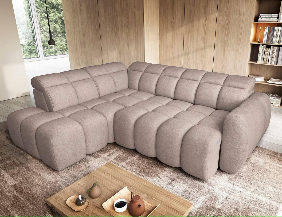 ECKSOFA mit elektrischem Sitzvorschub, Bettkasten und verstellbare Kopflehnen - Beige, Naturmaterialien/Textil (258/208cm) - Eltap