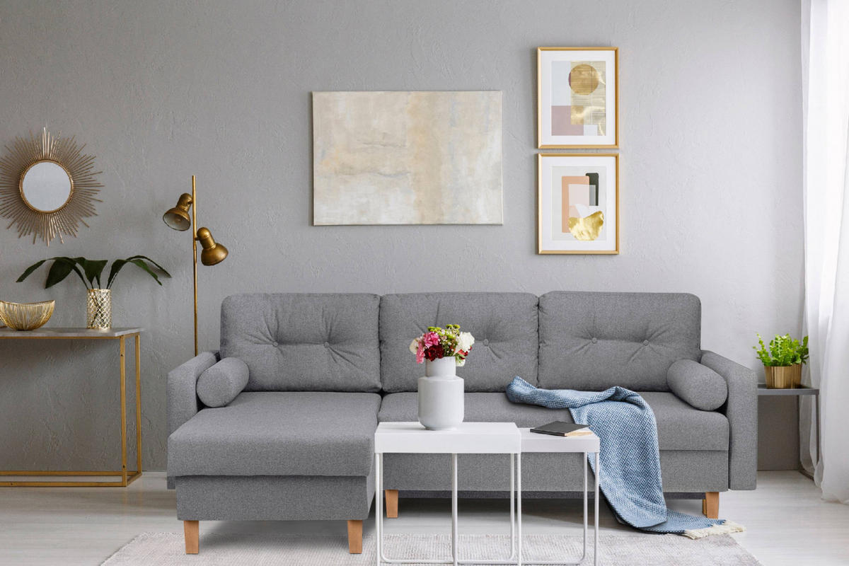 ECKSCHLAFSOFA ERISO 3/4 Sitzer und Universalecke mit Ottoman, Strukturstoff, dunkelgrau - Dunkelgrau/Braun, Textil (240/183cm) - KONSIMO®