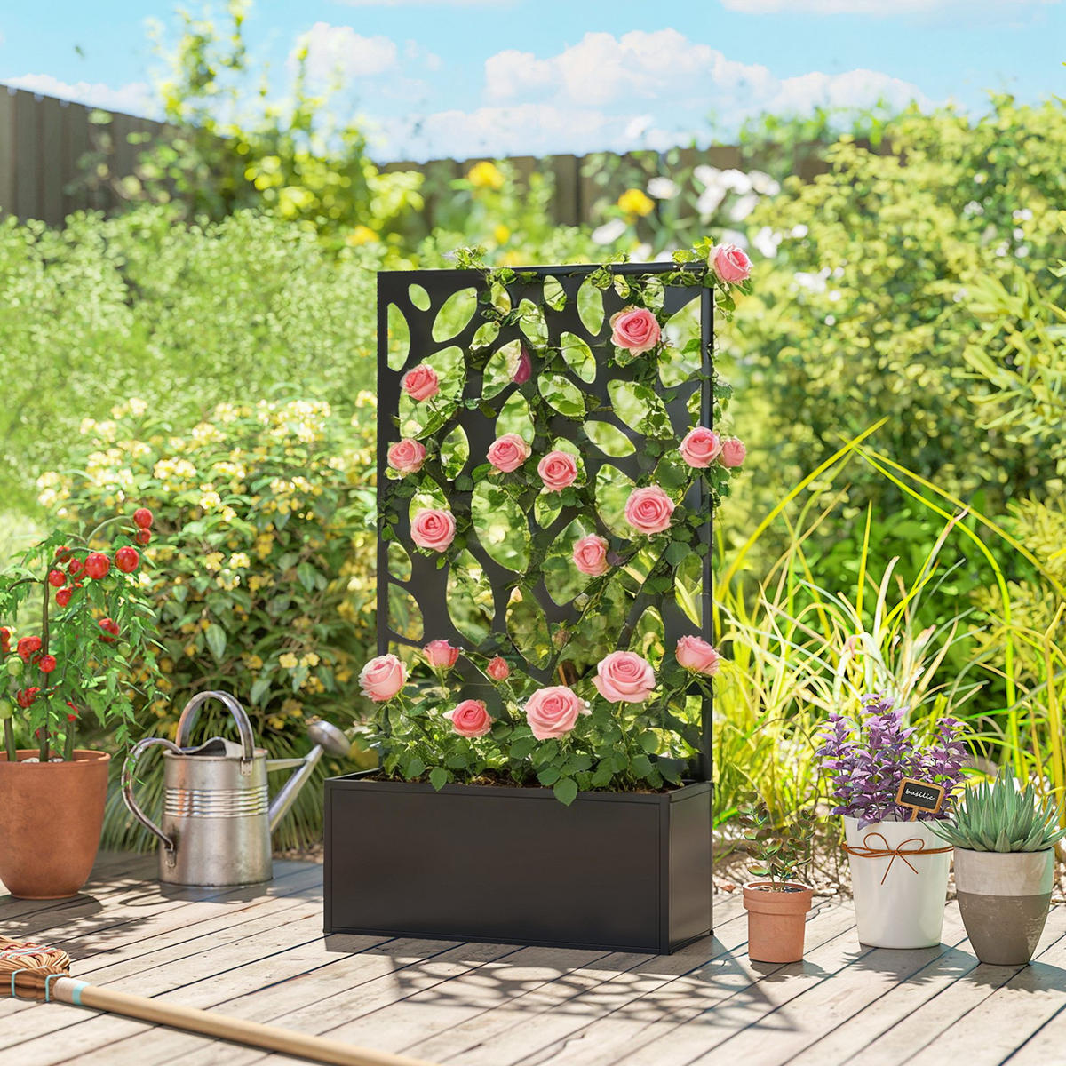 HOCHBEET mit Rankgitter aus Metall Schwarz - Schwarz, Metall (23/113/61cm) - Outsunny