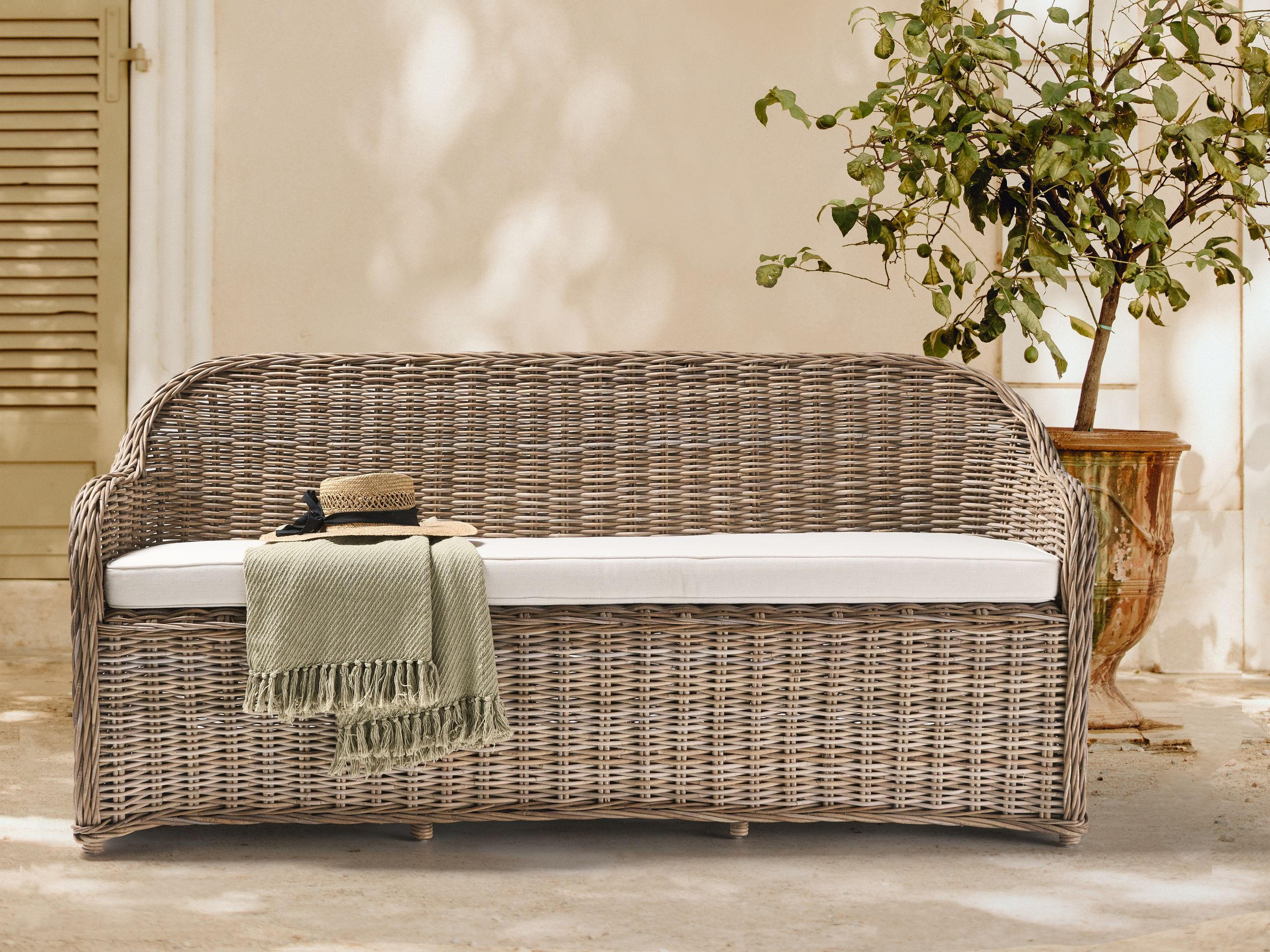 GARTENSOFA 3-Sitzer Naturfarben Susua - Naturfarben/Weiß, Naturmaterialien (189/87/66cm) - Beliani