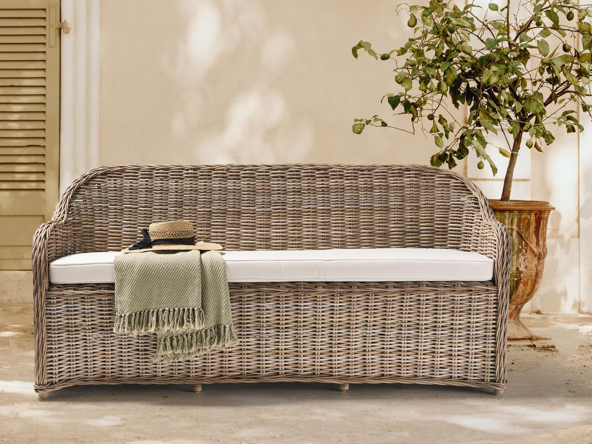 GARTENSOFA 3-Sitzer Naturfarben Susua - Naturfarben/Weiß, Naturmaterialen (189/87/66cm) - Beliani