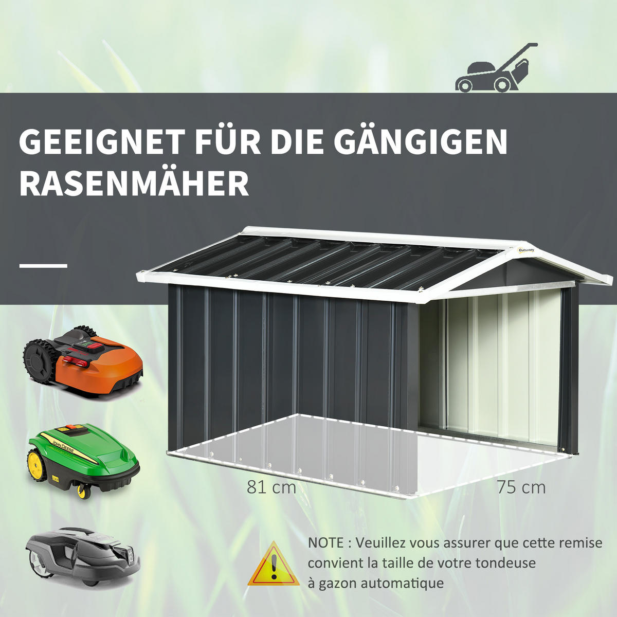 METALLSCHUPPEN für Rasenmähroboter, rostfreie Garage, 86 x 100 x 63cm, Grau - Dunkelgrau, Kunststoff/Metall (100/63/86cm) - Outsunny
