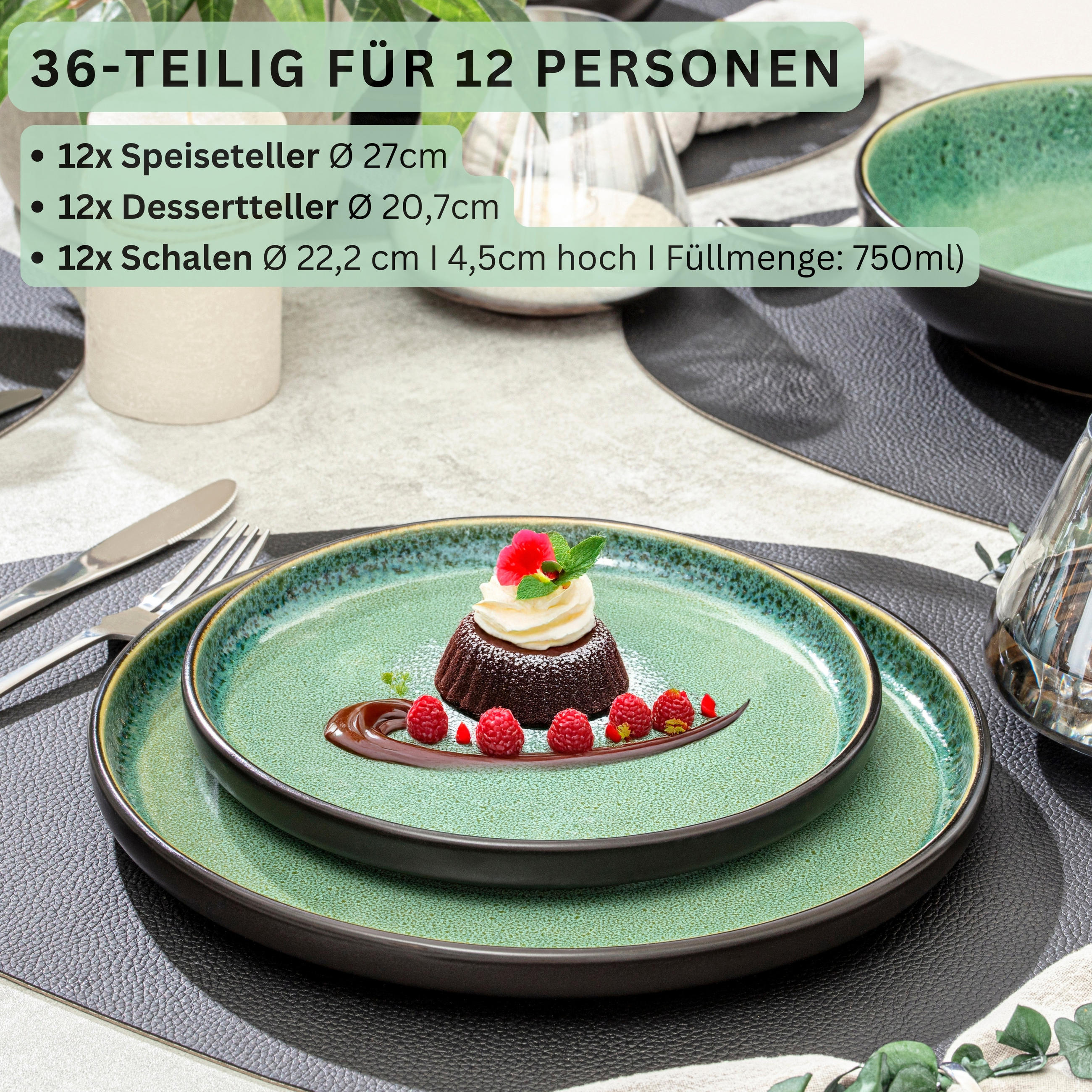 TAFELSERVICE GREENWICH - 36 teilig aus Steingut 12 Personen - Grün, Stein (50/30/80cm) - Sänger