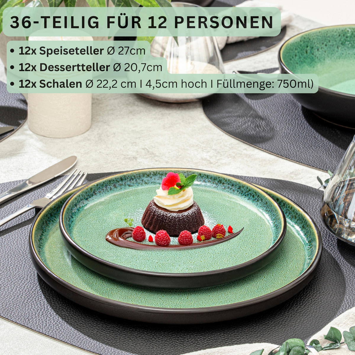 TAFELSERVICE GREENWICH - 36 teilig aus Steingut 12 Personen - Grün, Stein (50/30/80cm) - Sänger