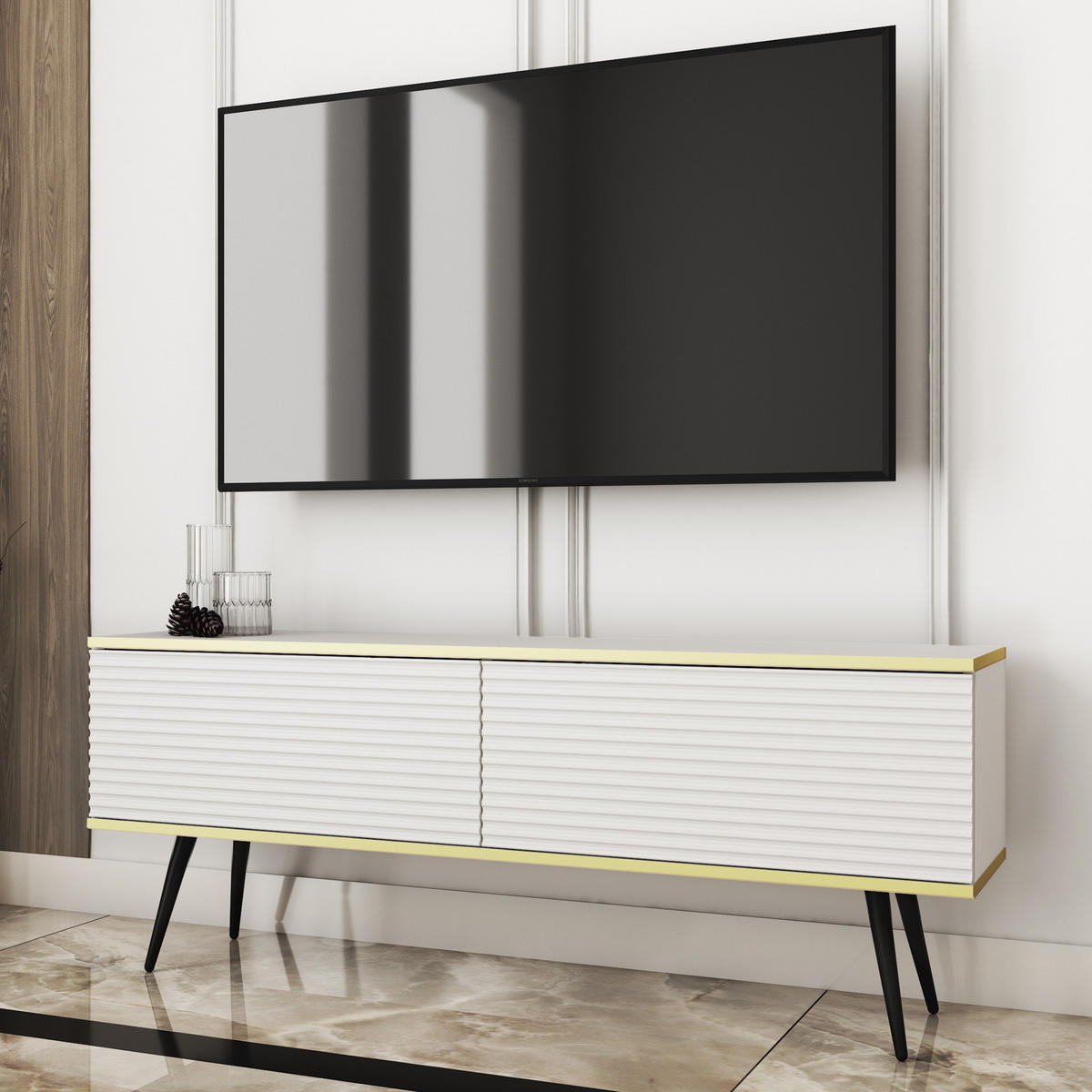 TV-BOARD FORNO (Weiß, Rillenfront, Goldene Details, 2 Klapptüren, schwarze Metallfüße, 135 cm) - Schwarz/Weiß, Holz/Holzwerkstoff (135/53/32cm) - Ravio