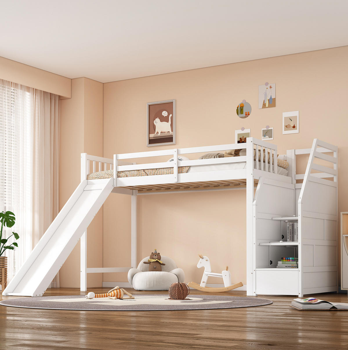 KATNI krevet od borovine i MDF-a 90x200 cm bijeli s toboganom, spremišnim stubama i EN747 certifikatom - bijela, drvni materijal (90/200cm) - Modfu