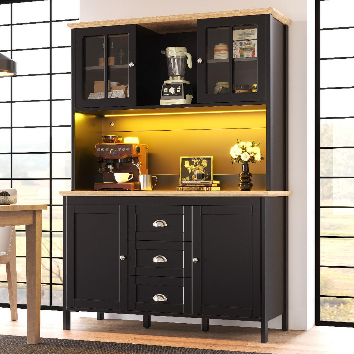 KÜCHENSCHRANK, MIT LED-BELEUCHTUNG, 4 Türen, 3 Schubladen, MDF/Metall, Schwarz-Weiß, Küche/Wohnzimmer, 120/40/179 cm - Schwarz, Kunststoff (40/179/120cm) - Rolipo