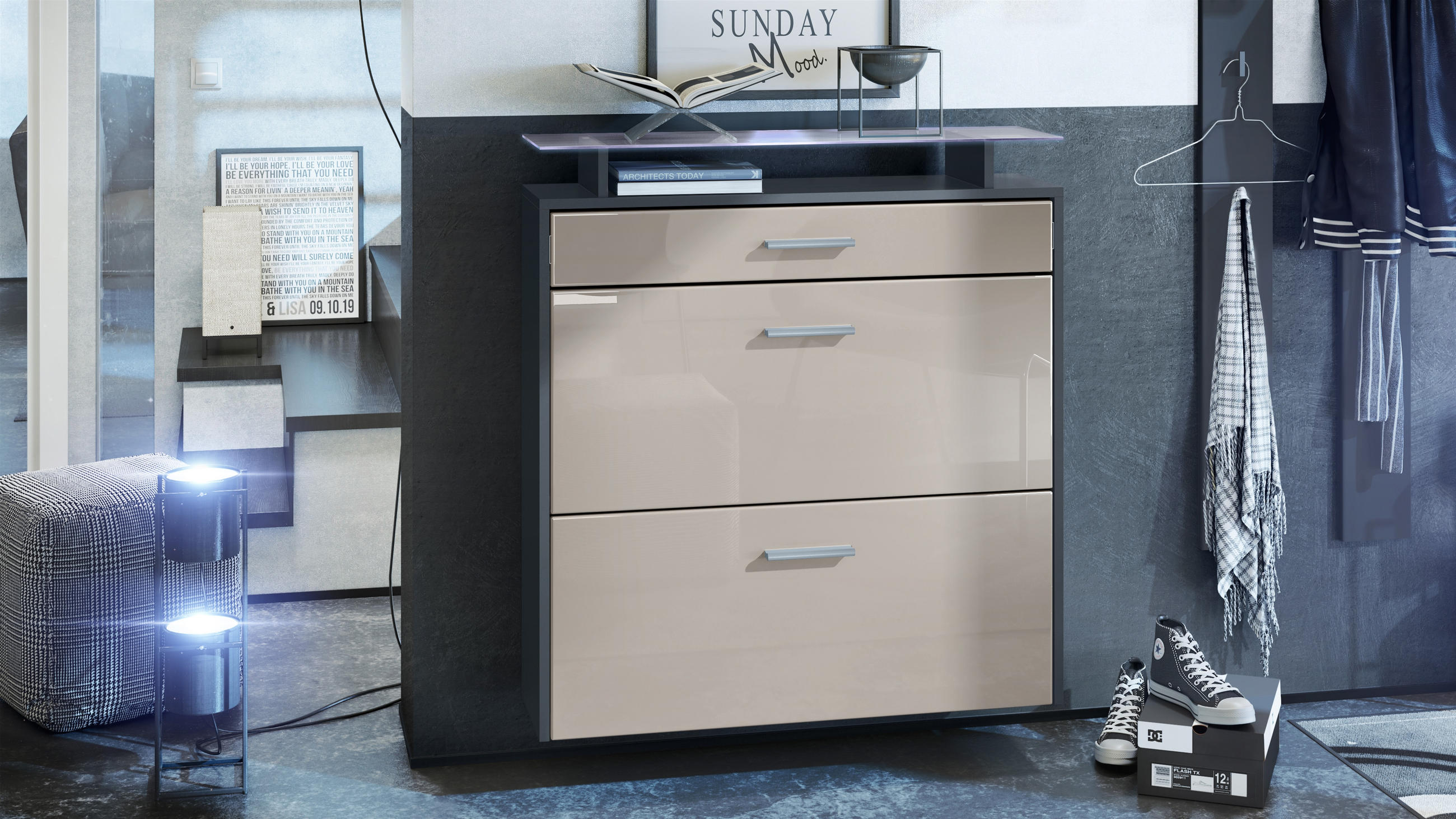 SCHUHSCHRANK Malea Fronten in Sandgrau Hochglanz - Sandfarben, Holzwerkstoff (89/96/23cm) - Vladon