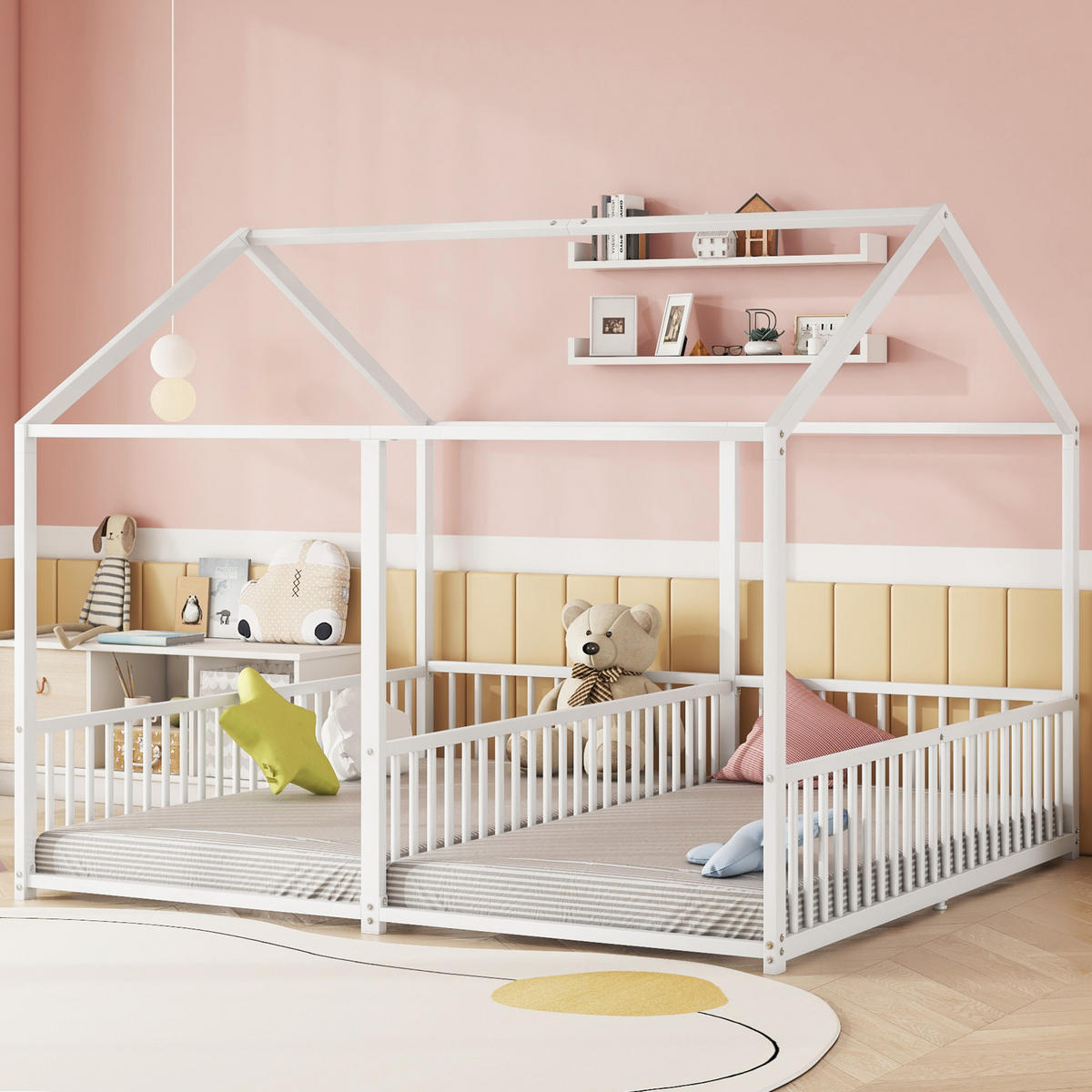 ETAGENBETT 90/200 cm mit Geländer, Leiter und Hausform, Metall, Weiß - Weiß, Metall (90/200cm) - Redom