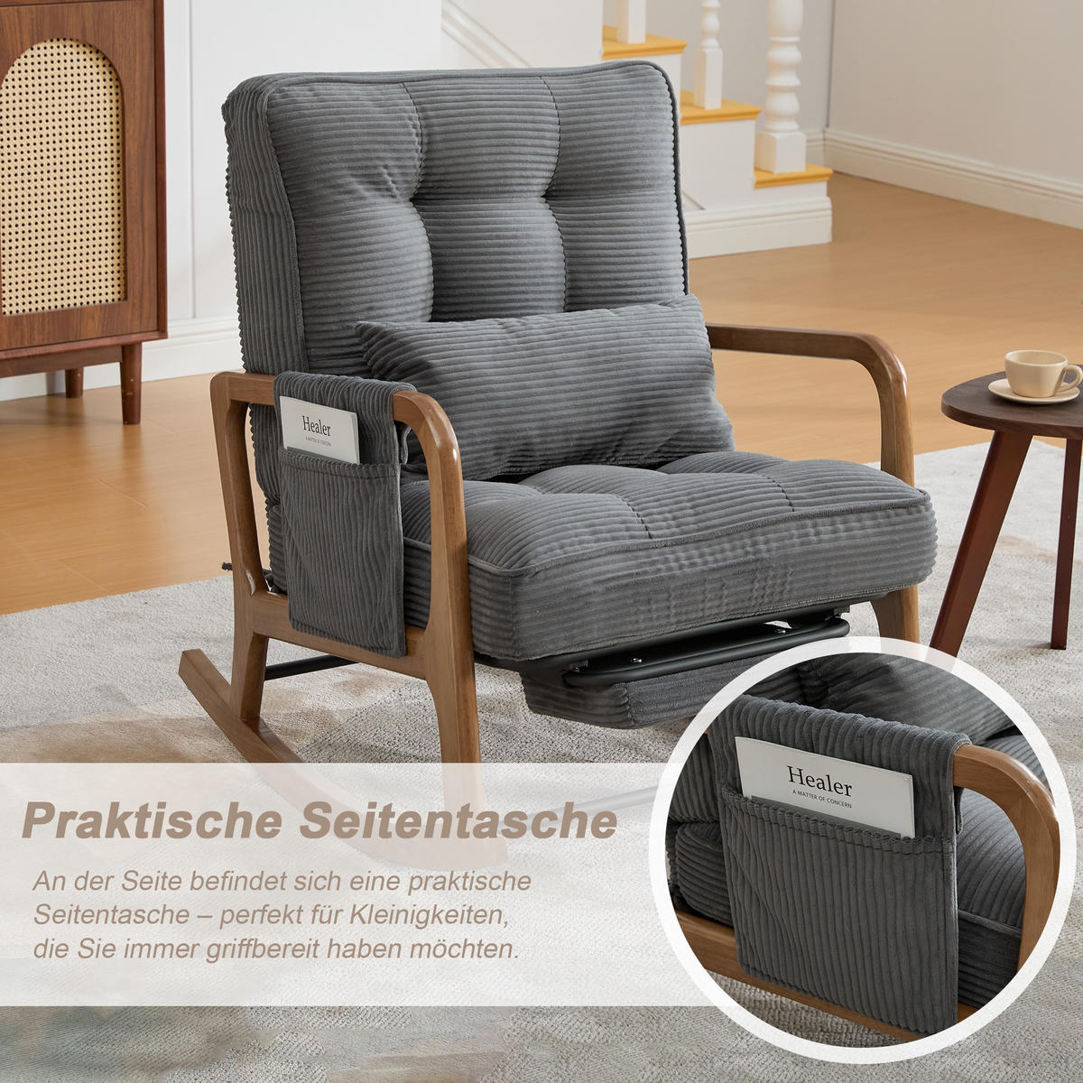 SCHAUKELSTUHL Grau Cord mit Fußstütze, Seitentaschen und verstellbarer Lehne - Grau, Textil (80/92/70cm) - Oxeza