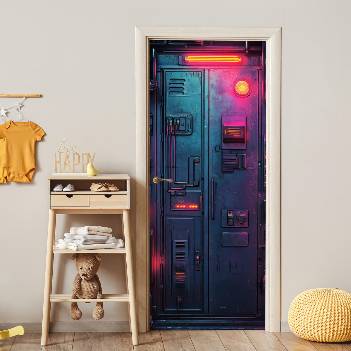 TÜRAUFKLEBER Selbstklebend - Tür - Futuristisch - Blau - Rosa - Neon 85x205 cm - Türtapete - Anthrazit, Kunststoff (85/0.1cm) - MuchoWow