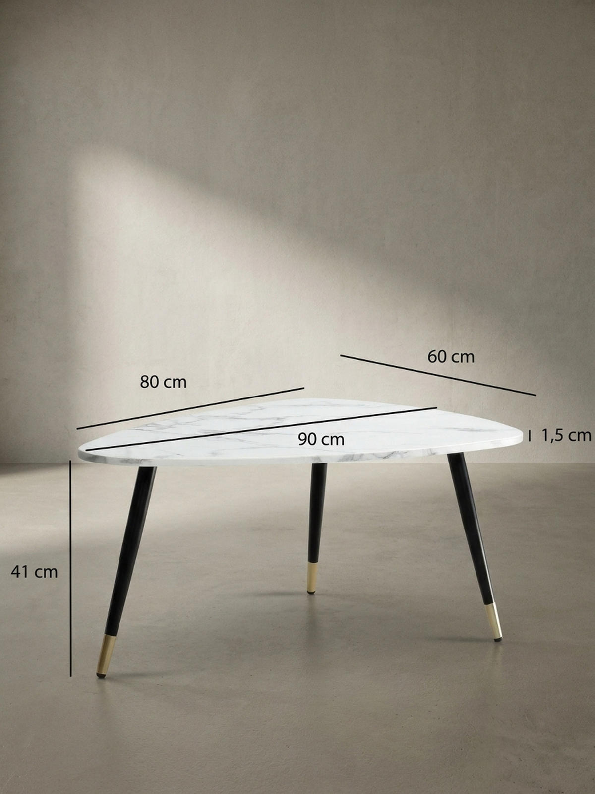 COUCHTISCH mit Marmor Optik, Dreibein, Metall-Gestell, Dreieckig, Weiß 90x60x41 cm - Goldfarben/Weiß, Holzwerkstoff/Metall (60/90/41cm) - KADIMA DESIGN