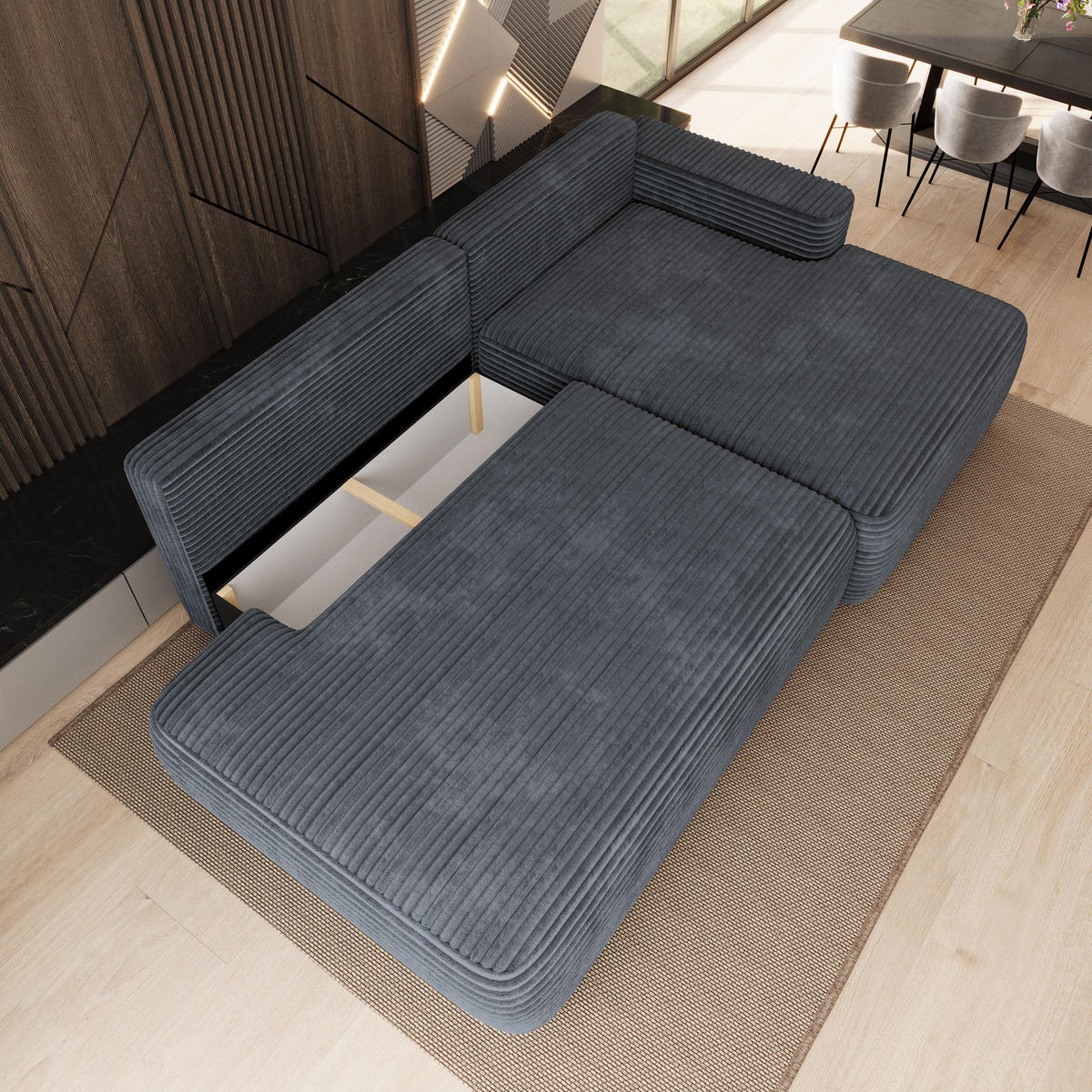 ECKSOFA AVINI T R-S Grau Kordstoff mit Schlaffunktion - Grau, Holzwerkstoff/Textil (277/160cm) - MASSENO