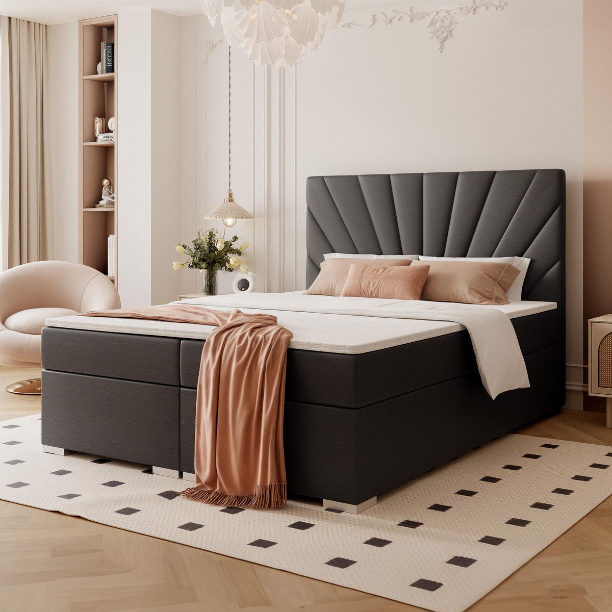 BOXBETT OASIS 140/200 cm mit Matratze und Topper, Schwarz - Chromfarben/Schwarz, Textil/Metall (140/200cm) - Idohome