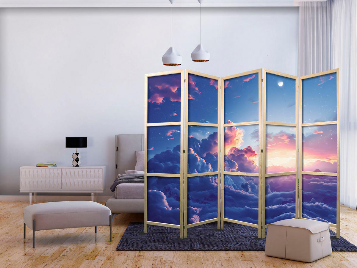 PARAVENT Japanischer 5-tlg 225x172 cm Bunter Himmel - Blau, Holz/Textil (225/172/3cm) - Muralo