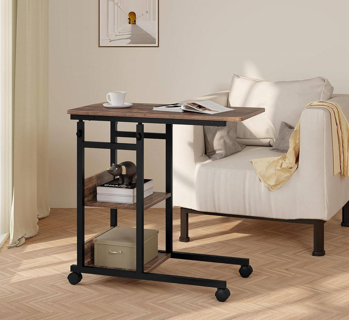 BEISTELLTISCH C Form, mit Rollen, Vintage-Holzoptik - Dunkelbraun/Schwarz, Holzwerkstoff/Metall (40/80/76cm) - Woltu