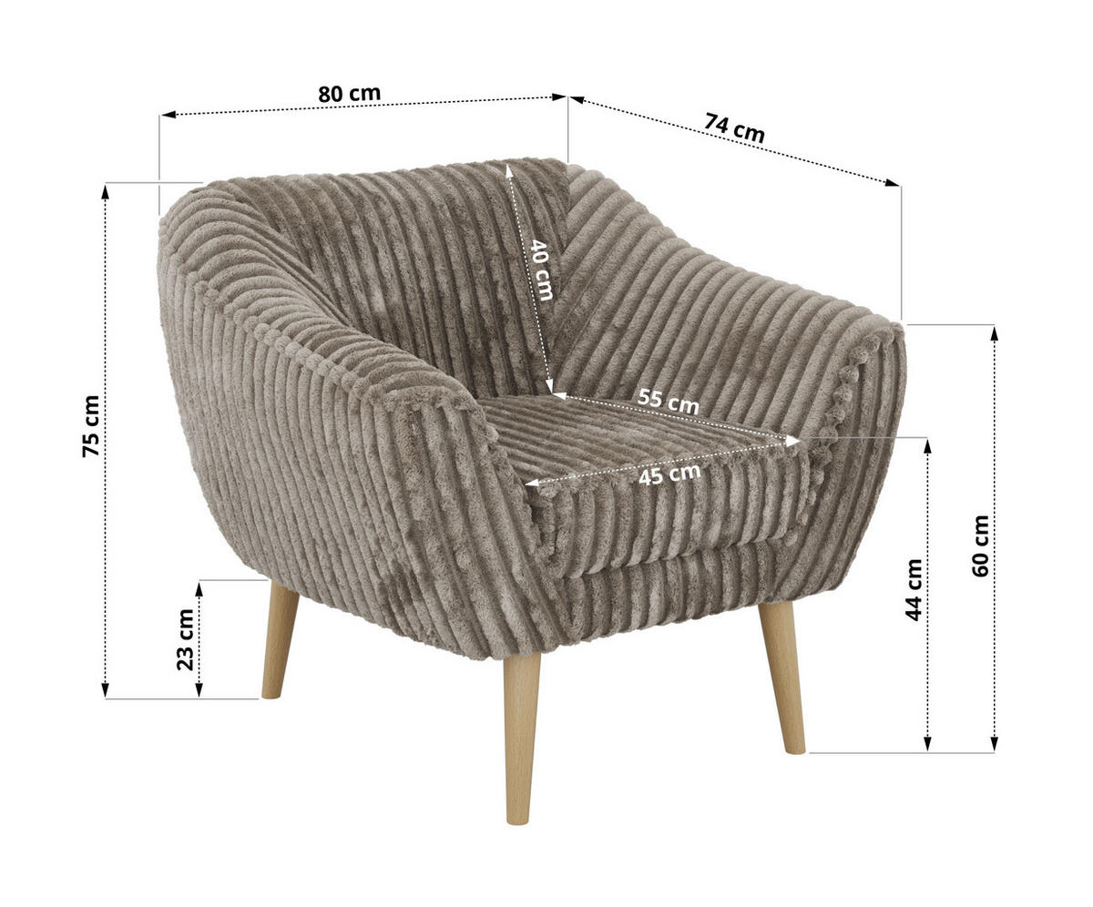 KŘESLO PIRS - Světle hnědá Manšestr - Dřevěné nohy - barva buku/světle hnědá, kompozitní dřevo/textil (80/75/74cm) - MKS