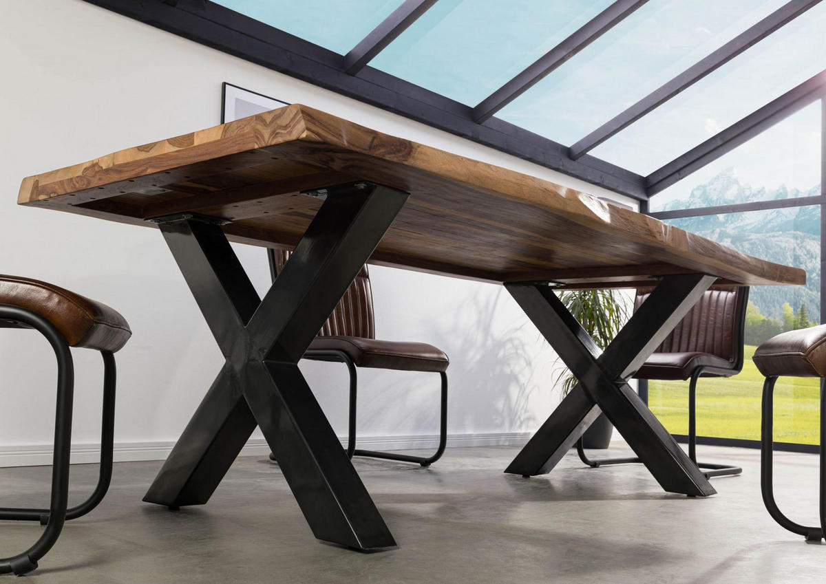 BAUMTISCH Sheesham 180x90x77 natur sandgestrahlt / X-Beine anthrazit glänzend FREEFORM 5 - Naturfarben, Holz (180/90/77cm) - Massivmoebel24