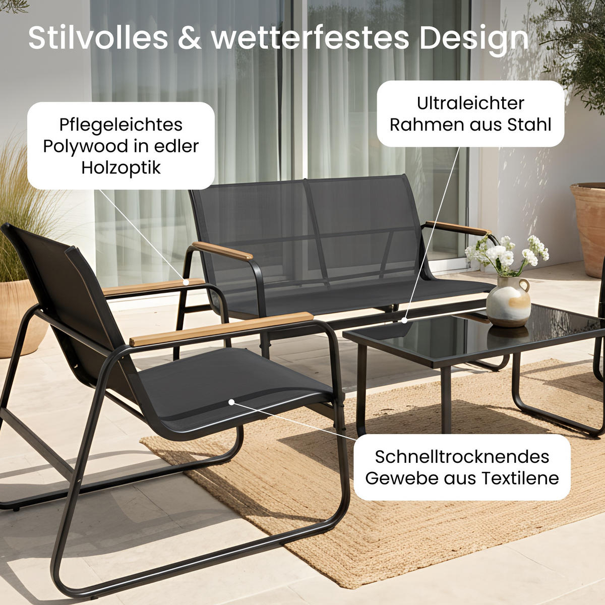 GARTENLOUNGE-SET mit 2-Sitzer-Sofa, zwei Sesseln und Couchtisch - Schwarz, Metall - Home Collective