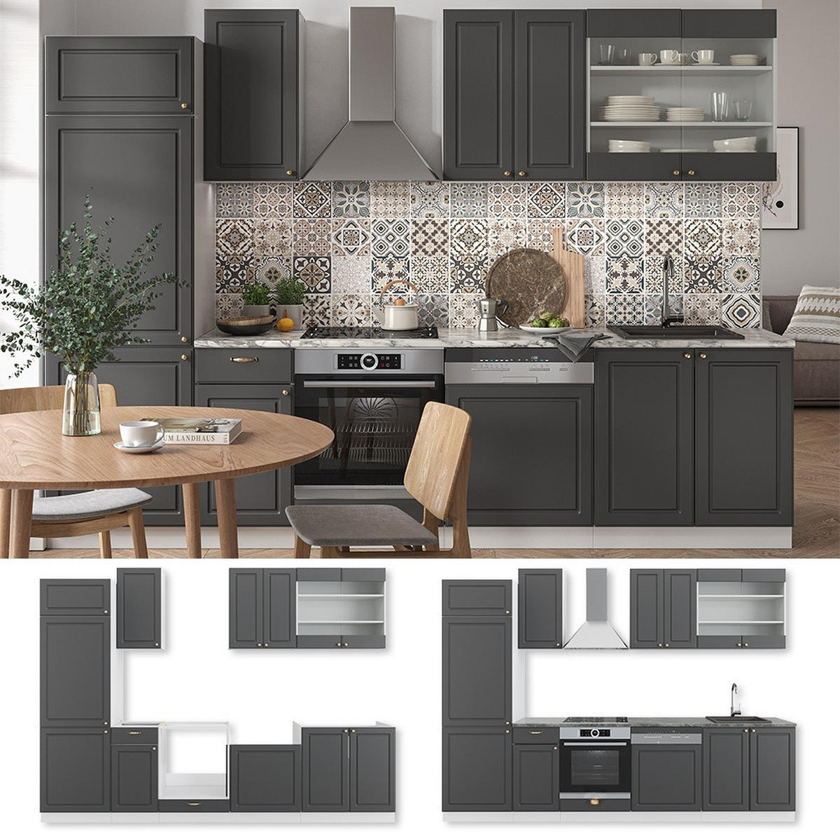 KUHINJSKI BLOK Fame-Line Antracit-zlata/bela 300 cm , DP Antracit - bela/antracit, leseni material (300/206.8/60cm) - Vicco