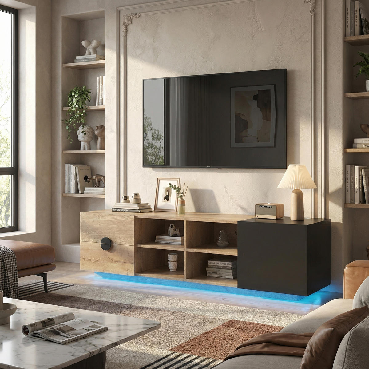 TV-SCHRANK 180 cm Holz & Schwarz mit Schublade, offenen Fächern und Schrank - Schwarz, Holzwerkstoff (180/47/38.5cm) - Urban Meuble