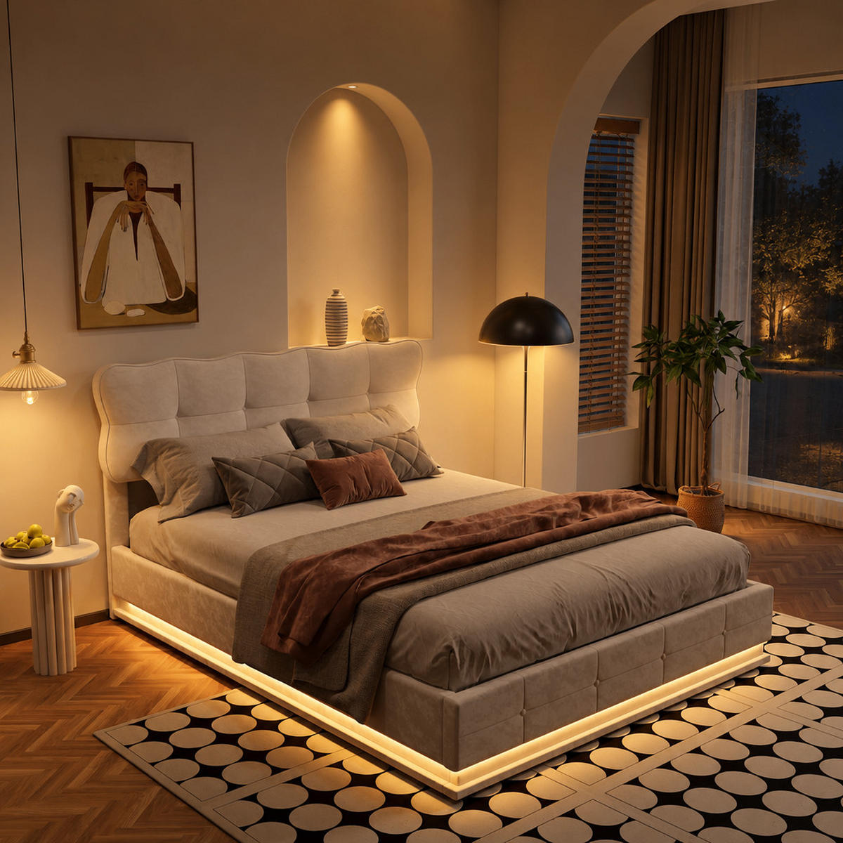 POLSTERBETT 140/200 cm mit LED-Beleuchtung und Stauraum – modernes Design - Beige/Naturfarben, Holz/Textil (140/200cm) - FURNISHINGS HOME