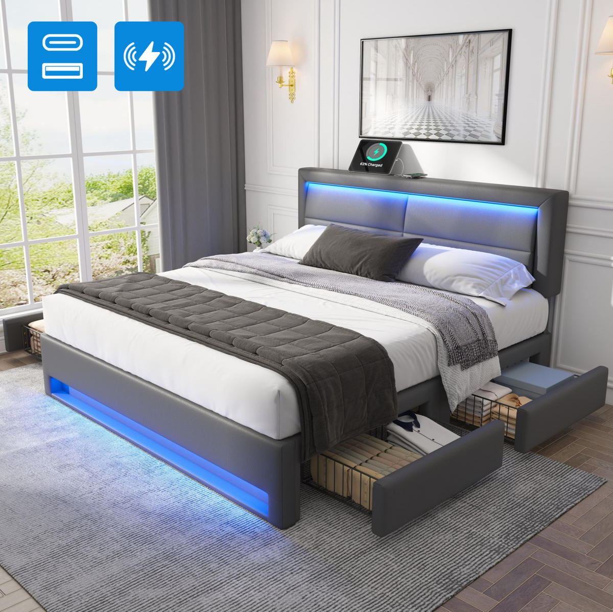 POLSTERBETT aus PU 140x190 cm Grau mit LED-Beleuchtung, USB-Anschluss, kabellosem Laden und 4 Schubladen - Grau, Kunststoff (140/190cm) - Modfu