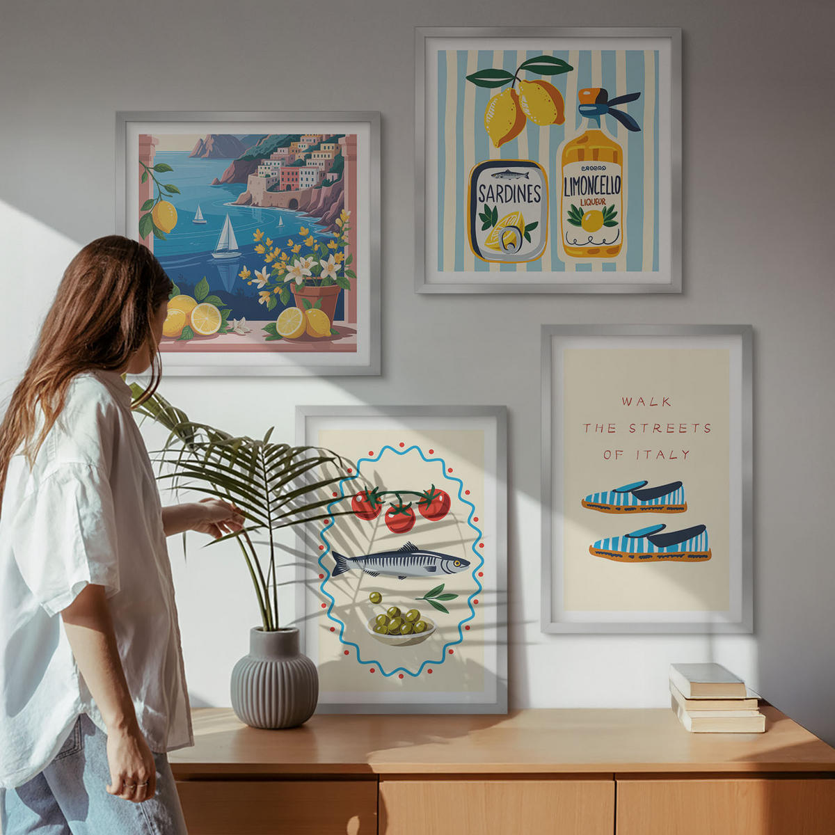 BILDER SET 4er Set - 50x50 cm & 40x60 cm Silberner Rahmen - Italienische Aromen, farbenfrohe Bilder - Silberfarben, Kunststoff (50/50cm) - TULUP