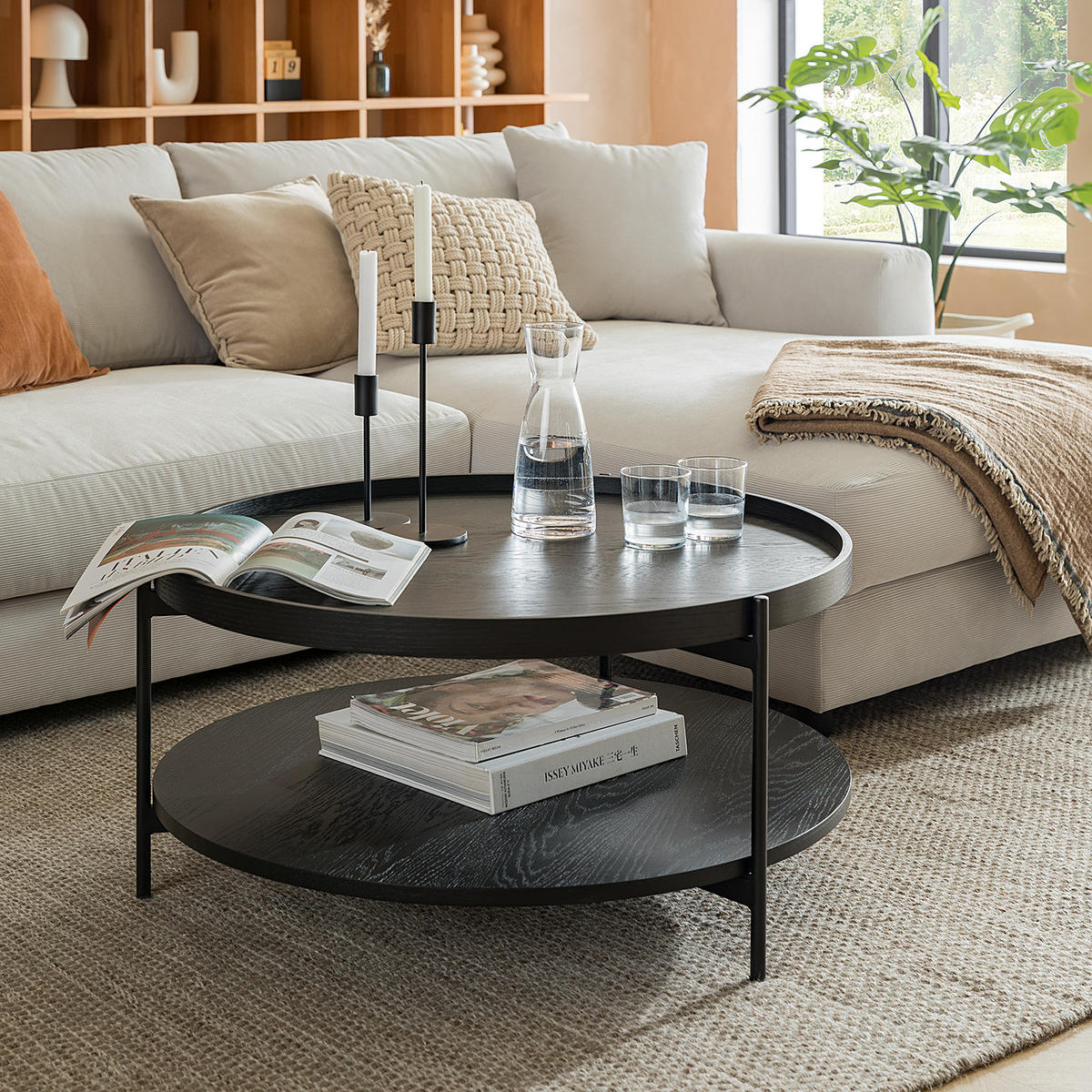COUCHTISCH - Echtholzfurnier / Metall - Eichefarben/Schwarz, Holzwerkstoff/Metall (82/82/40cm) - home24