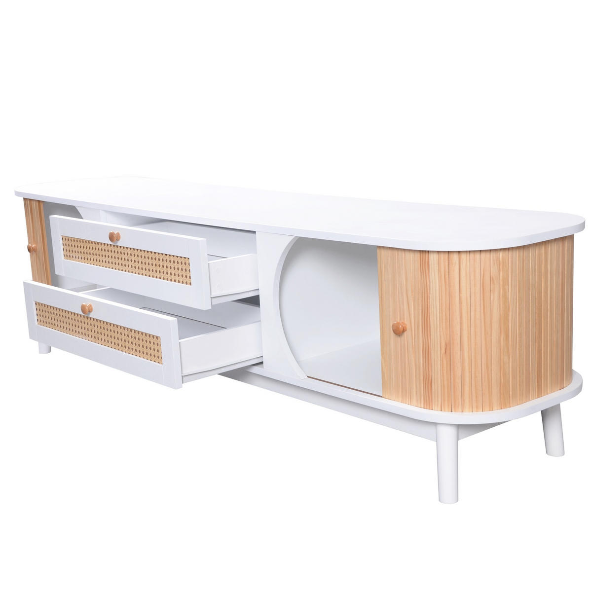 TV-SCHRANK aus MDF 170x39,5x46 cm Weiß/Holzfarben mit Türen und Schubladen in Rattanoptik - Weiß, Holzwerkstoff (170/39.5/46cm) - Modfu