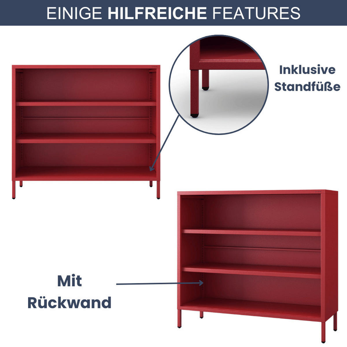 KOMMODE Metall offen LUCA 4 Ebenen 90x100x35cm Rot - Rot, Metall (100/90/35cm) - Jan Nowak