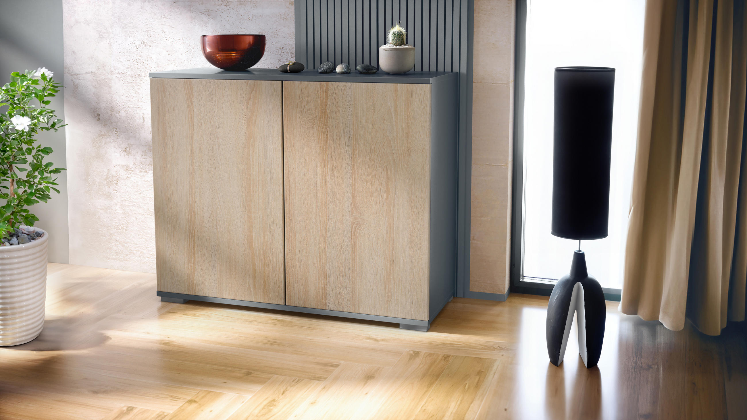KOMMODE Skadu Eiche sägerau - Eiche San Remo, Holzwerkstoff (92.5/75.5/35cm) - Vladon