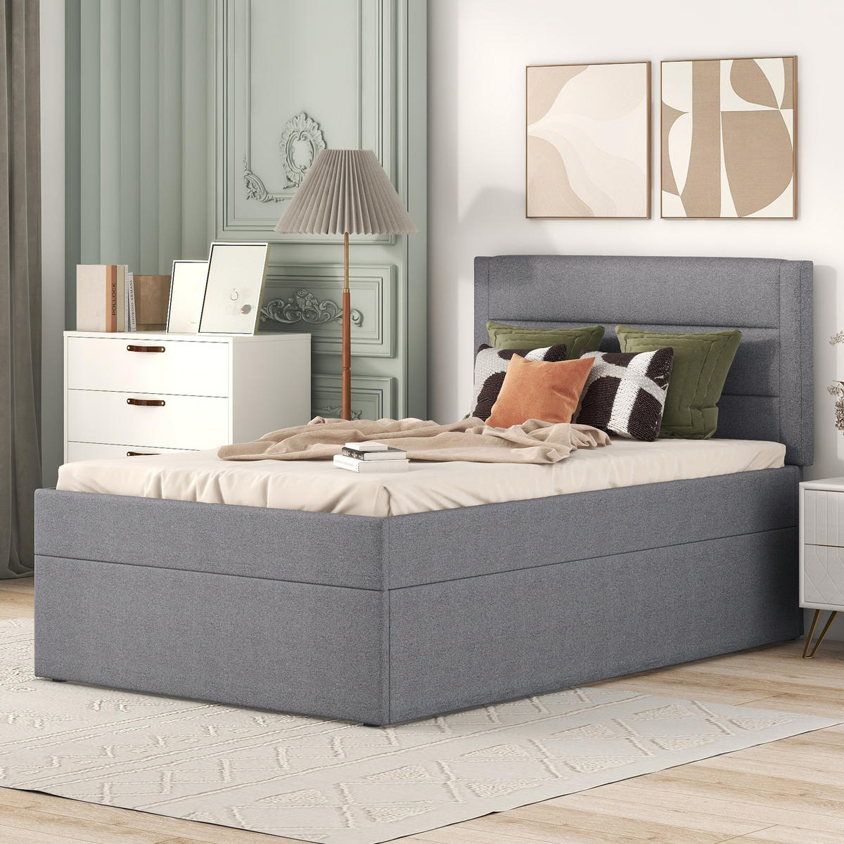 POLSTERBETT 90/200 cm Grau mit Stauraum und Lattenrost aus MDF - Grau, Holzwerkstoff (90/200cm) - OKWISH