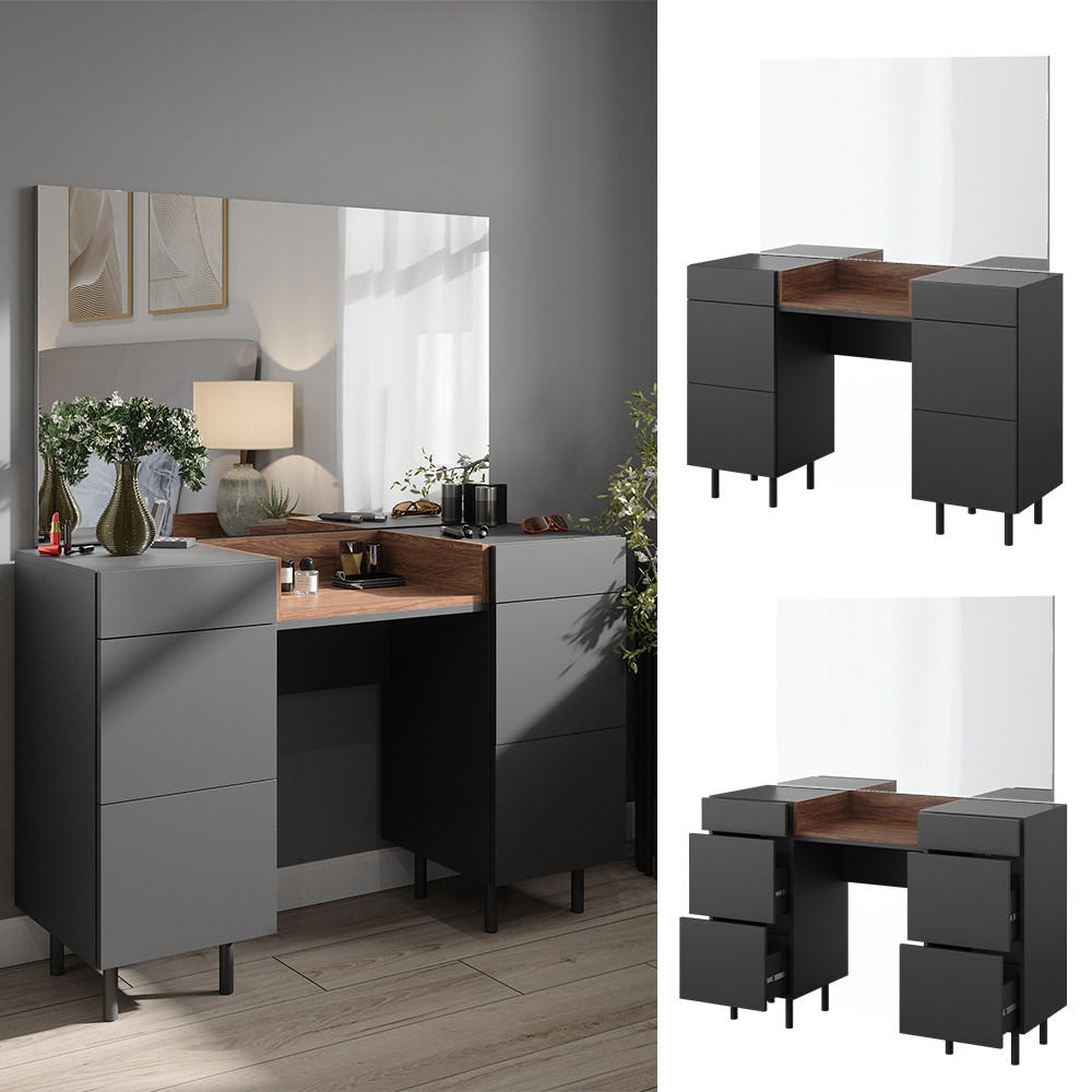 SCHMINKTISCH Anika Anthrazit 120 cm mit Spiegel - Anthrazit/Walnussfarben, Holzwerkstoff (120/80/40cm) - Vicco