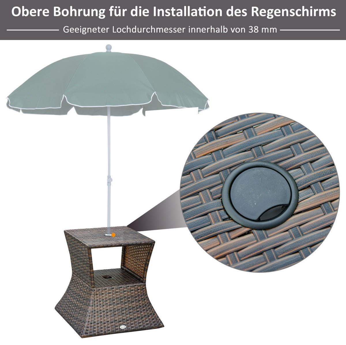 GARTENBEISTELLTISCH aus Polyrattan 54x54x55 cm Braun mit Schirmhalterung und wetterbeständigem Gestell - Braun, Kunststoff (54/54/55cm) - Modfu