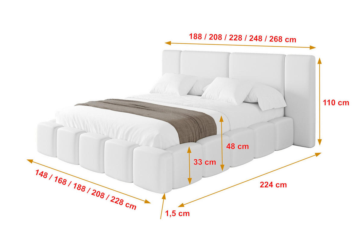 POLSTERBETT mit Bettkasten und Lattenrost, Bett mit Matratze H3/H4 - NILO 140x200 Weiß - Weiß Hochglanz, Holzwerkstoff/Textil (140/200cm) - ALTDECOR