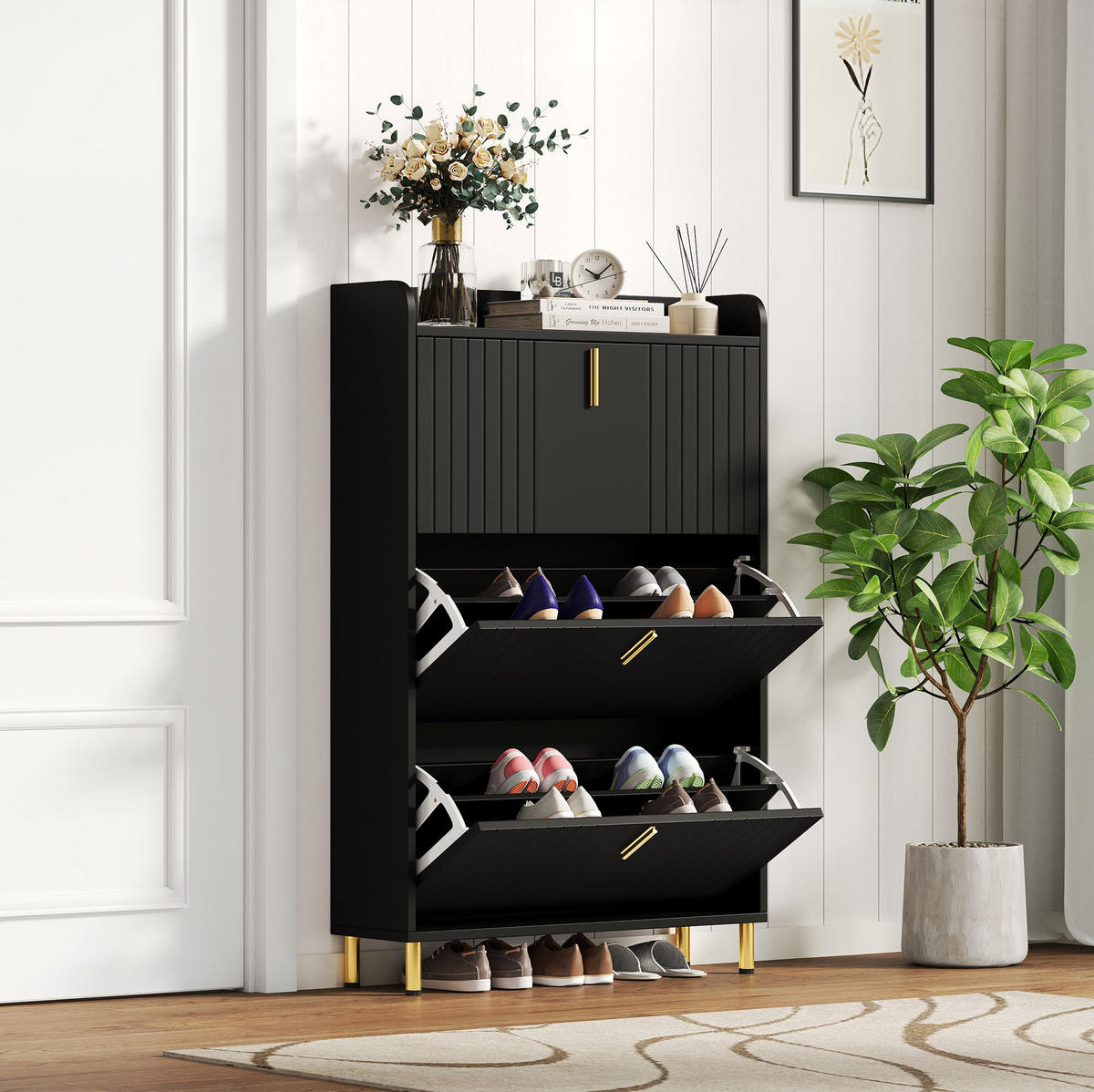 SCHUHSCHRANK mit 3 Klappen 80 x 23 x 123,5 cm MDF Schwarz - Schwarz, Holz (23.5/123.5/80cm) - Beauniv