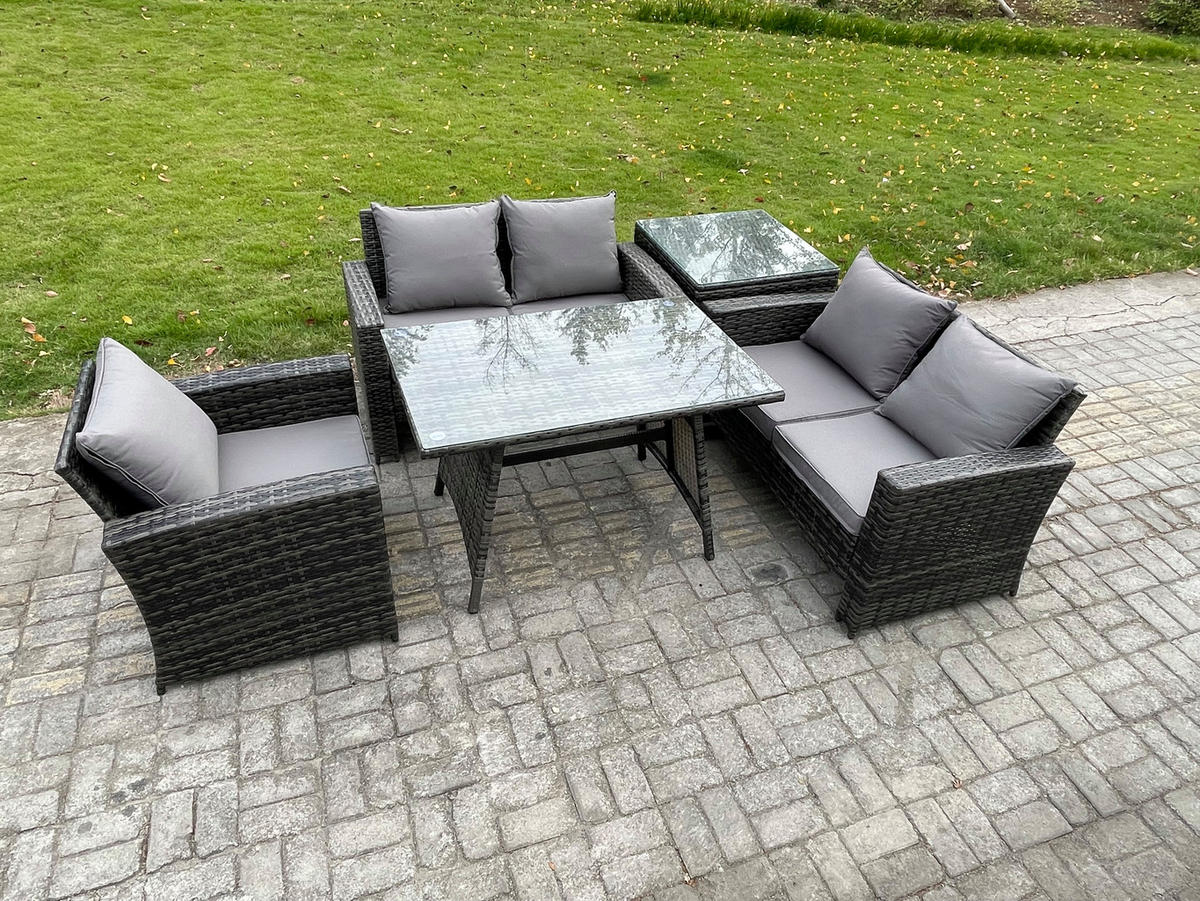 GARTENMÖBELSET mit ESSTISCH,HOCHLEHNER-SOFA Polyrattan Dunkelgrauer Mix 5-Sitzer - Dunkelgrau/Grau, Glas/Kunststoff - Fimous