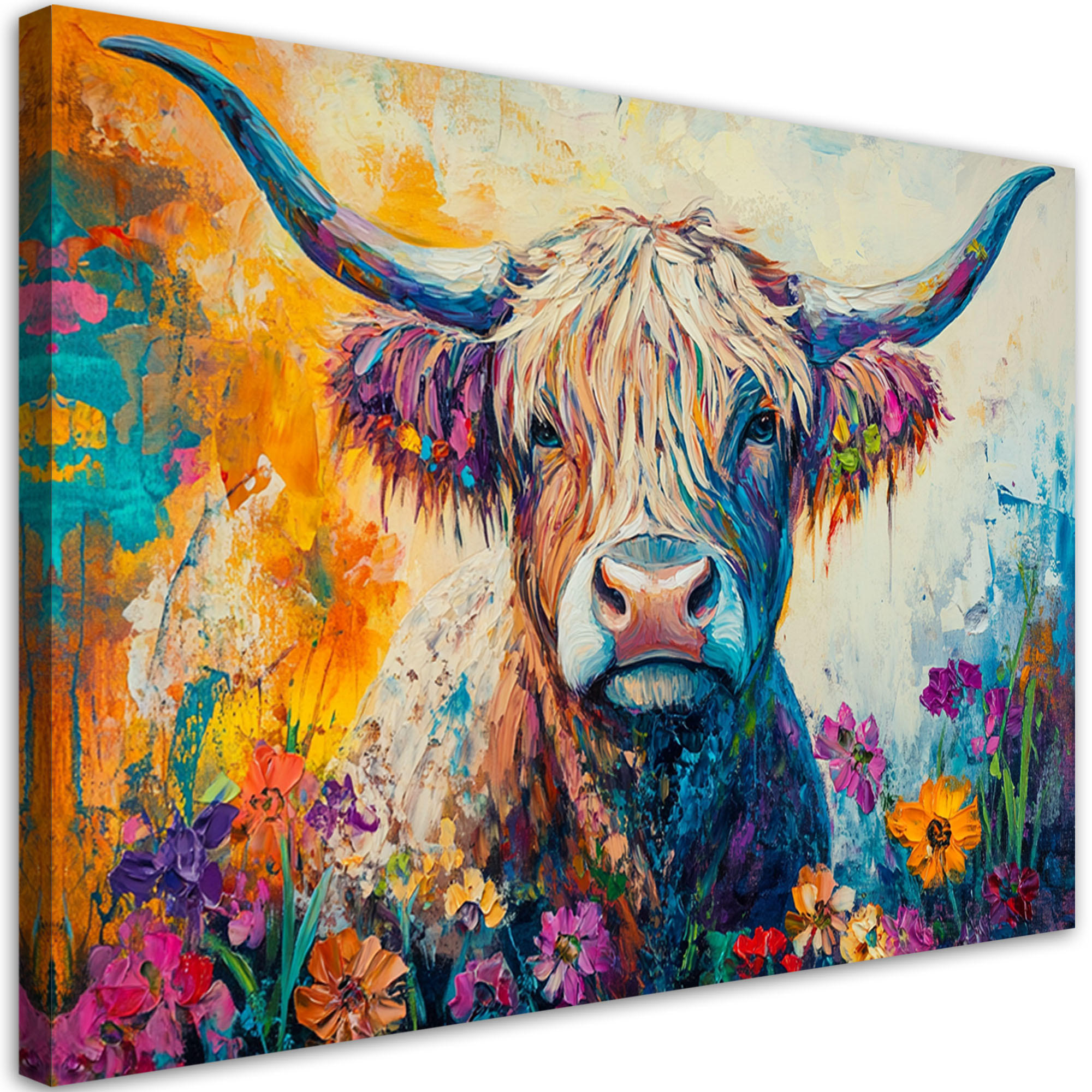 WANDBILD bunte schottische kuh blumen - Multicolor, Textil (60/40cm) - Feeby