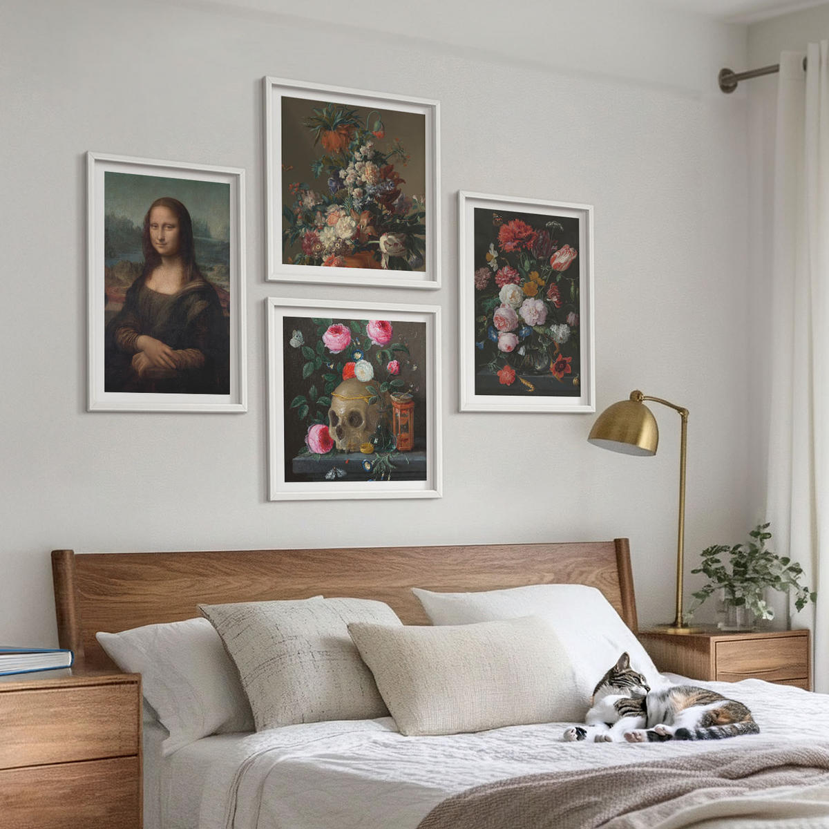 BILDER SET 4er Set - 50x50 cm & 40x60 cm Weißer Rahmen - Vintage Blumen Totenkopf Mona Lisa - Weiß, Kunststoff (50/50cm) - TULUP