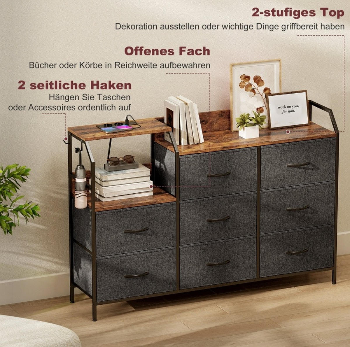 KOMMODE in Rustikal-Braun mit 8 Stoffschubladen und Ladestation,88/30/130.5 cm - Schwarz, Textil (130.5/88/30cm) - Flora Grace