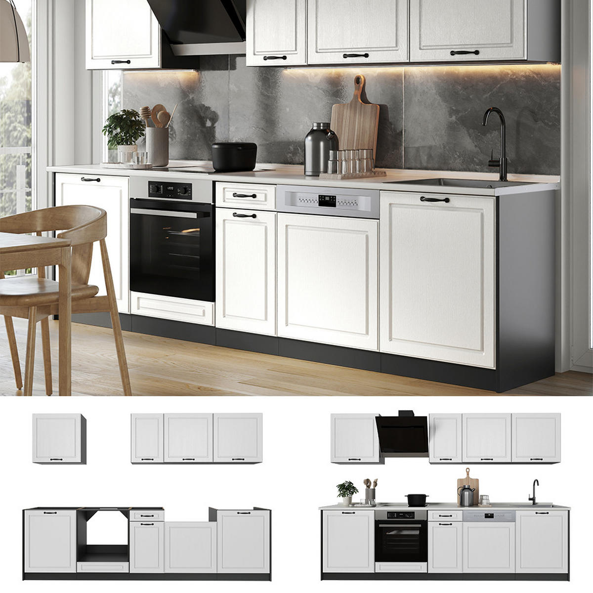 KUCHYNKA R-Line, Biely vidiecky dom/antracitová, 280 cm antrasiitti työtaso - biela/antracitová, kompozitné drevo (280/206.8/60cm) - Vicco